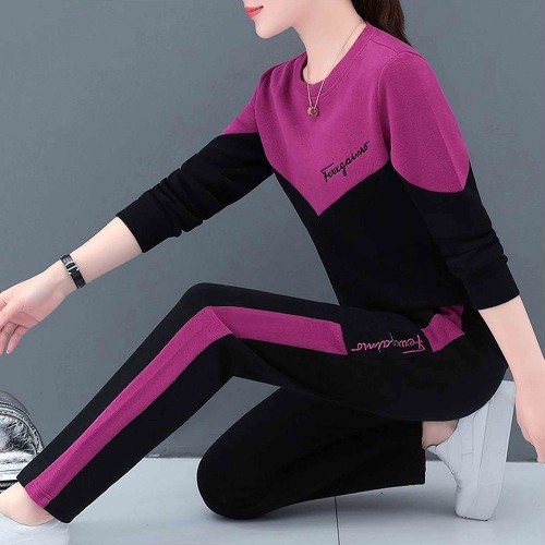 Leisure Style Vertical Alphabet Printing Round Neck Sportswear - Purple image