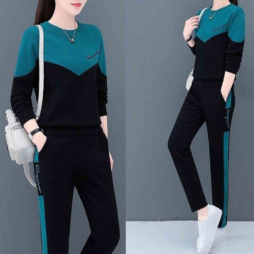 Leisure Style Vertical Alphabet Printing Round Neck Sportswear - Green image