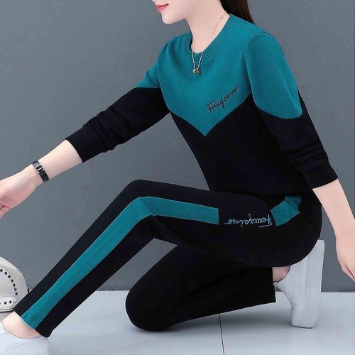 Leisure Style Vertical Alphabet Printing Round Neck Sportswear - Green image