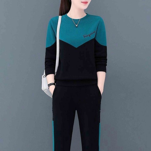 Leisure Style Vertical Alphabet Printing Round Neck Sportswear - Green image