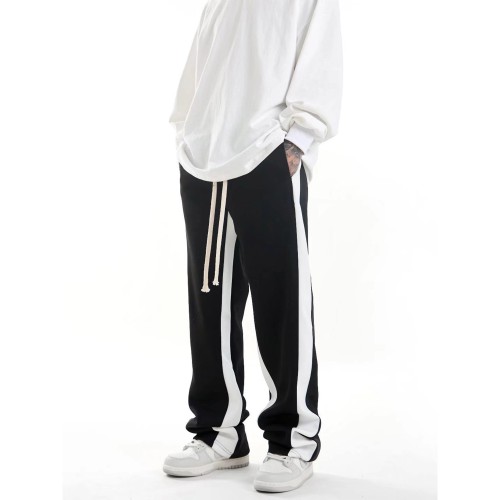 Striped Loose Straight Elastic Drawstring Women Trousers - Black image