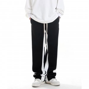 Striped Loose Straight Elastic Drawstring Women Trousers - Black