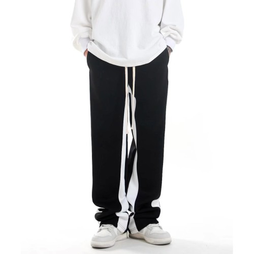 Striped Loose Straight Elastic Drawstring Women Trousers - Black image