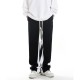Striped Loose Straight Elastic Drawstring Women Trousers - Black image