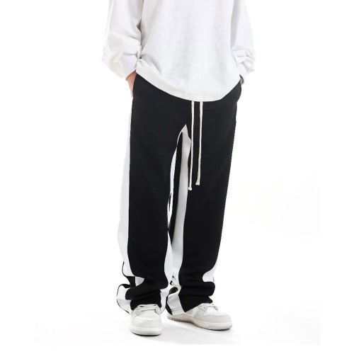Striped Loose Straight Elastic Drawstring Women Trousers - Black image