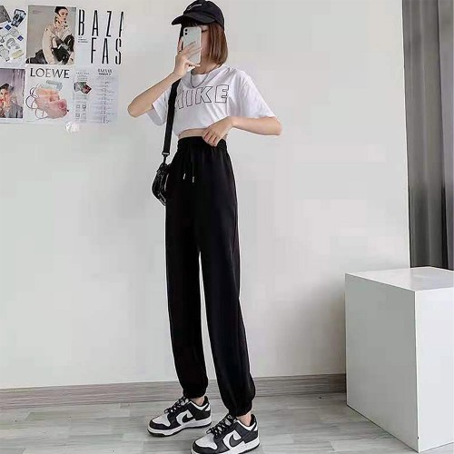 Plain Workout Drawstring Waist Closure Sweatpants - Black image