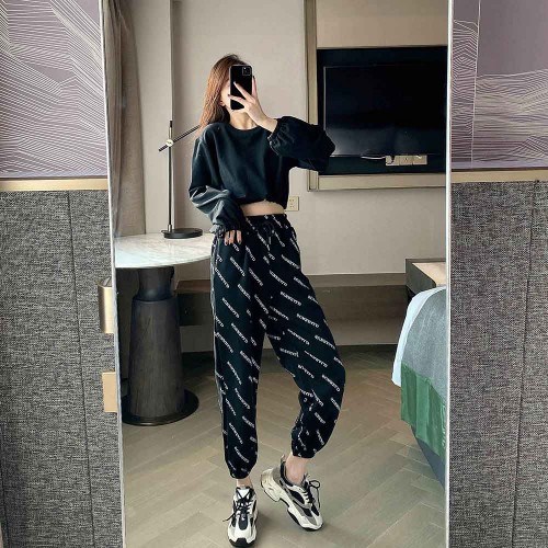 High Waist Alphabet Printed Drawstring Closure Pants - Black image