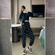 High Waist Alphabet Printed Drawstring Closure Pants - Black image