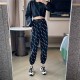 High Waist Alphabet Printed Drawstring Closure Pants - Black image