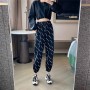 High Waist Alphabet Printed Drawstring Closure Pants - Black