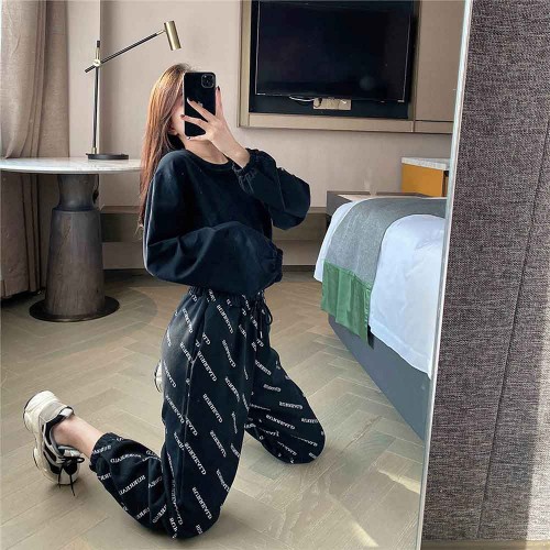 High Waist Alphabet Printed Drawstring Closure Pants - Black image
