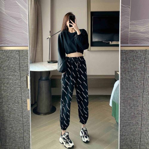 High Waist Alphabet Printed Drawstring Closure Pants - Black image
