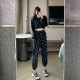 High Waist Alphabet Printed Drawstring Closure Pants - Black image