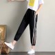 Casual Cropped High Waist Side Striped Beltless Trousers - Black image
