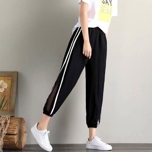 Casual Cropped High Waist Side Striped Beltless Trousers - Black image