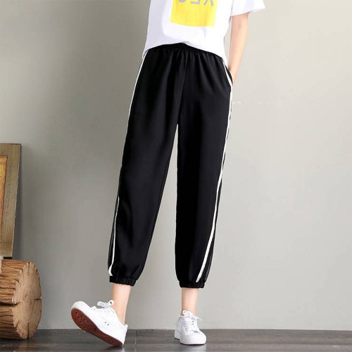 Casual Cropped High Waist Side Striped Beltless Trousers - Black image