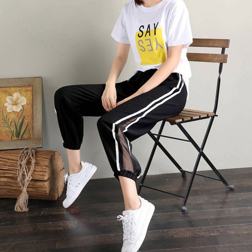 Casual Cropped High Waist Side Striped Beltless Trousers - Black image