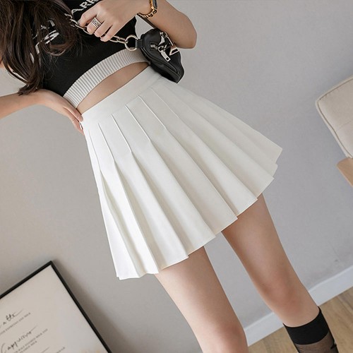 Pleated Style High Waist Elastic Solid Mini Skirts - White image