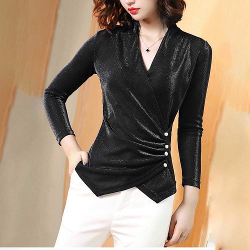 Elegant Long Sleeve Velvet V Neck Solid Shiny Ladies Tops - Black image