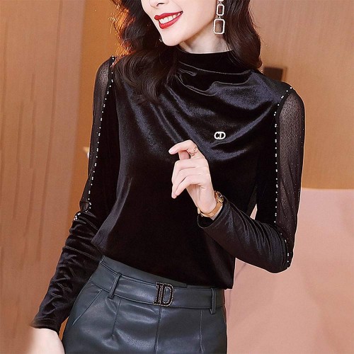 Mesh Bedded Embroidered Velvet Turtleneck Women Tops - Black image