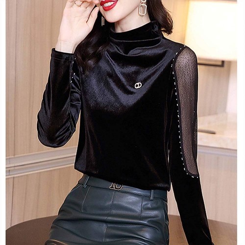Mesh Bedded Embroidered Velvet Turtleneck Women Tops - Black image