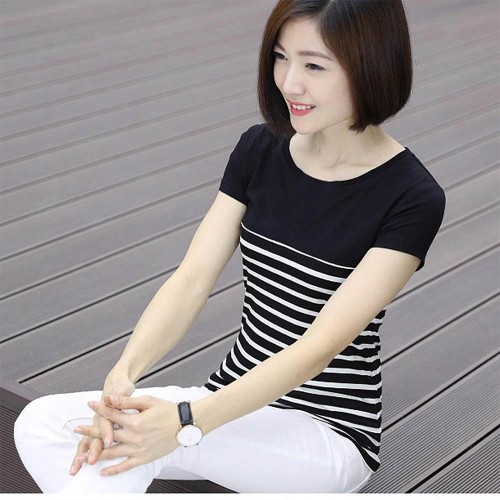 V Neck Short Sleeve Striped Stitching Women Cotton T Shirt - Black image