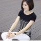 V Neck Short Sleeve Striped Stitching Women Cotton T Shirt - Black image