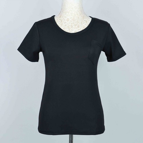 Retro Style Solid Color Patch Pocket Scoop Neck Women Tops - Black image