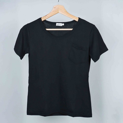 Retro Style Solid Color Patch Pocket Scoop Neck Women Tops - Black image