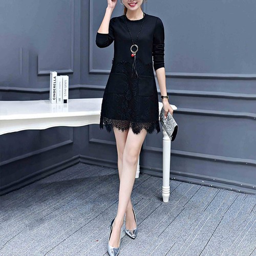 Sweet Style Round Neck Patch Pocket Lace Trim Mini Dress - Black image