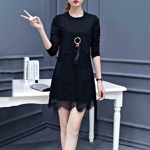 Sweet Style Round Neck Patch Pocket Lace Trim Mini Dress - Black image