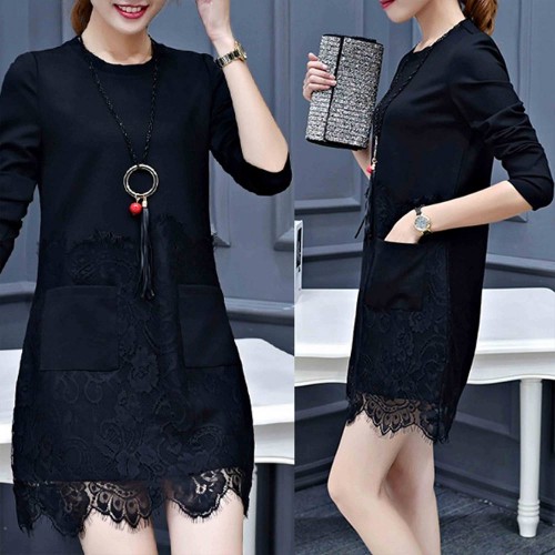 Sweet Style Round Neck Patch Pocket Lace Trim Mini Dress - Black image