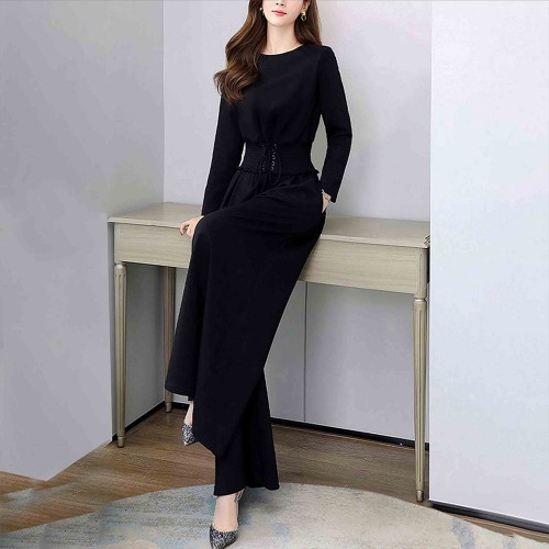 Elegant Solid Suit Crop Top & Long Pants Slash Pockets Dress - Black image