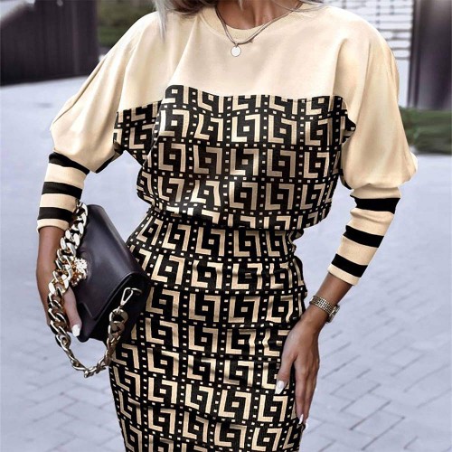 Round Neck Lantern Sleeve Geometric Pattern Bodycon Mini Dress - Cream image