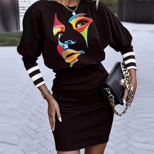 Bodycon Lantern Sleeve Face Printed O Neck Mini Dress - Black
