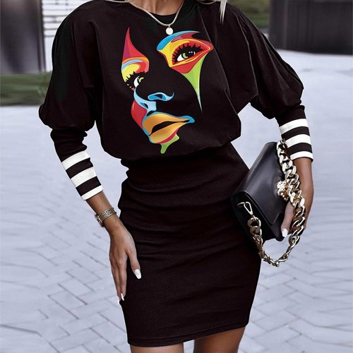 Bodycon Lantern Sleeve Face Printed O Neck Mini Dress - Black image