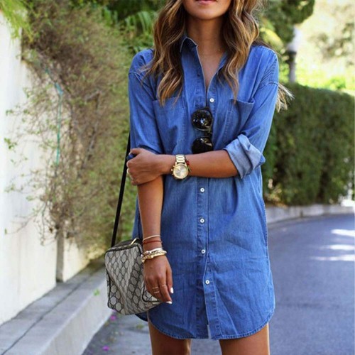 Patch Pocket Cardigan Long Button Down Plain Color Mini Dress - Light Blue image