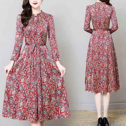 Korean Version Floral Printed Waist Belt Midi Dress - Red image