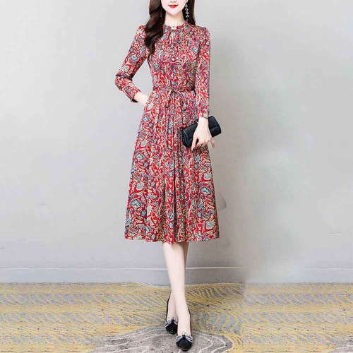 Korean Version Floral Printed Waist Belt Midi Dress - Red image