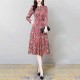 Korean Version Floral Printed Waist Belt Midi Dress - Red image