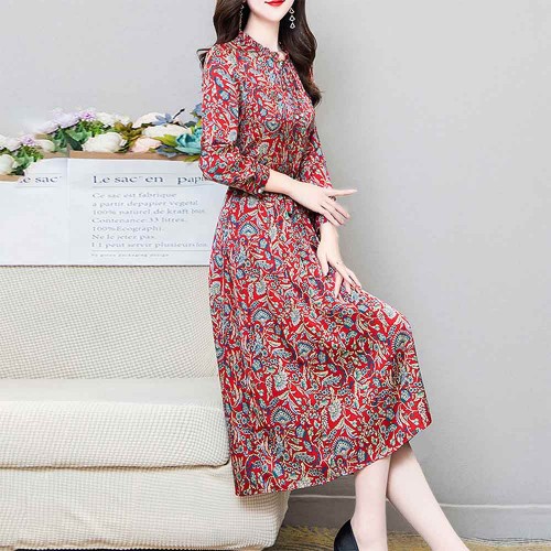 Korean Version Floral Printed Waist Belt Midi Dress - Red image
