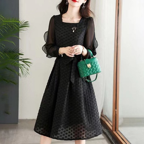 Casual Style Waist Square Neck Ruffled Puff Sleeve Midi Dress - Black image
