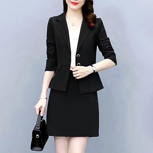 Elegant Two Piece Notech Lapel Collar A Line Skirt And Formal Coat - Black image