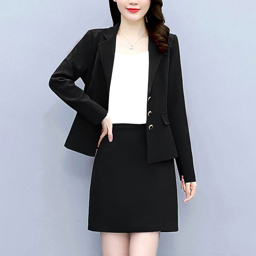 Elegant Two Piece Notech Lapel Collar A Line Skirt And Formal Coat - Black image