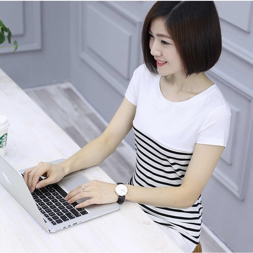 V Neck Short Sleeve Striped Stitching Women Cotton T Shirt - White image