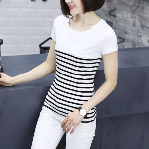 V Neck Short Sleeve Striped Stitching  Women Cotton T Shirt - White