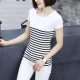 V Neck Short Sleeve Striped Stitching Women Cotton T Shirt - White image