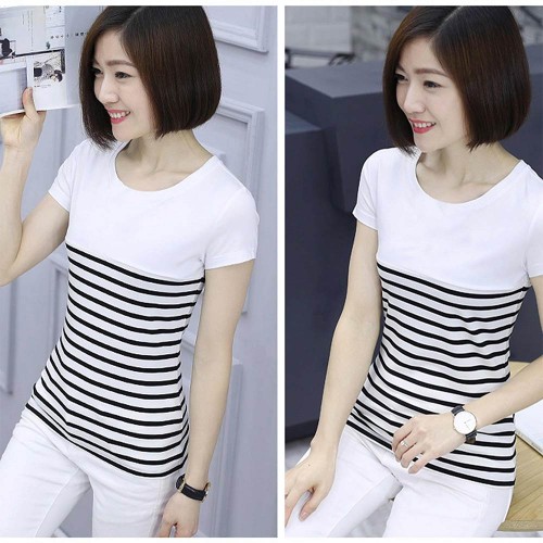 V Neck Short Sleeve Striped Stitching Women Cotton T Shirt - White image