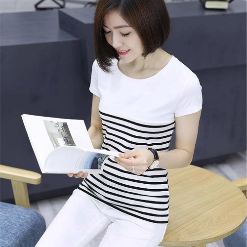 V Neck Short Sleeve Striped Stitching Women Cotton T Shirt - White image