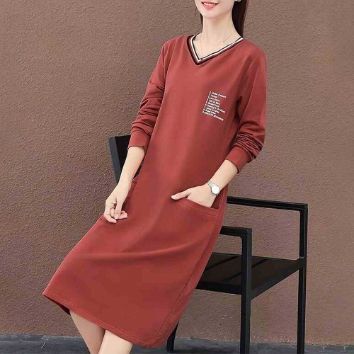 Casual Style V Neck Short Sleeve Slit Pocket Midi Dress - Brown image